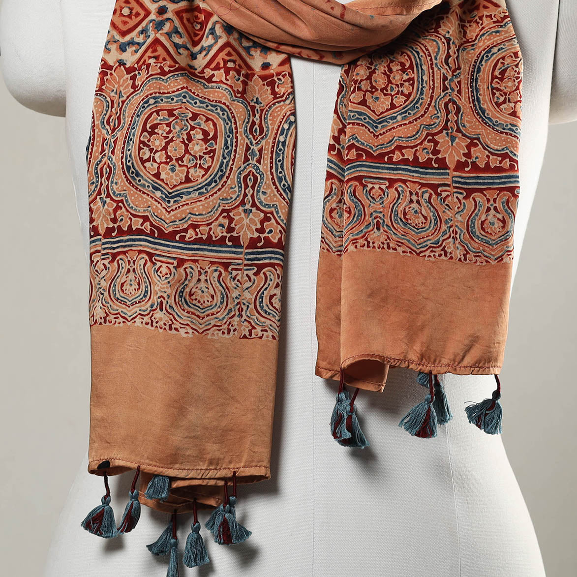 Peach - Ajrakh Block Printed Modal Silk Stole with Tassels 06