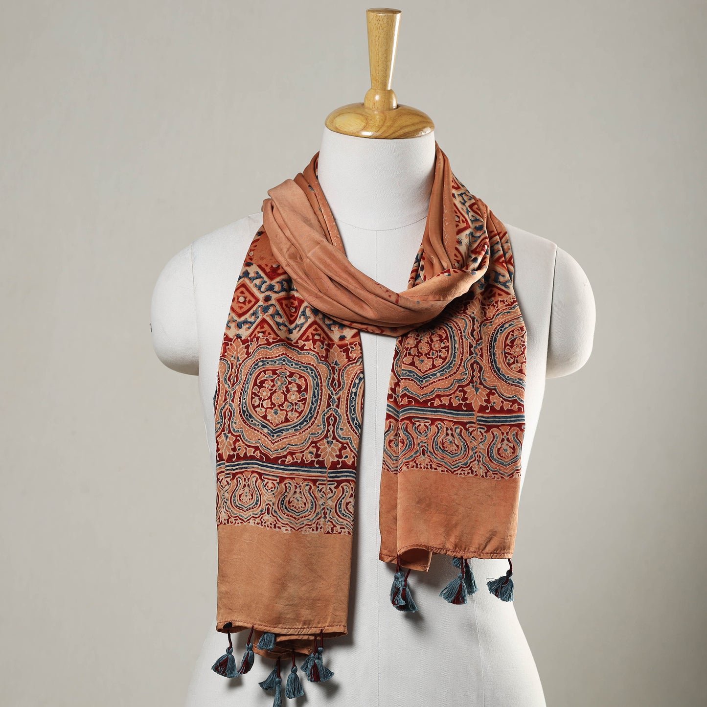 Peach - Ajrakh Block Printed Modal Silk Stole with Tassels 06