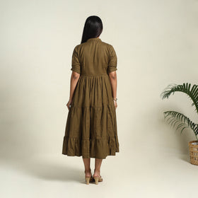  Brown Flex Cotton Tiered Plain Dress