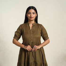  Brown Flex Cotton Tiered Plain Dress