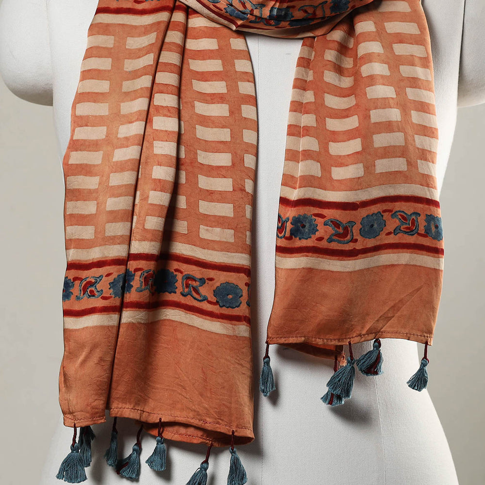 Peach - Ajrakh Block Printed Modal Silk Stole with Tassels 12