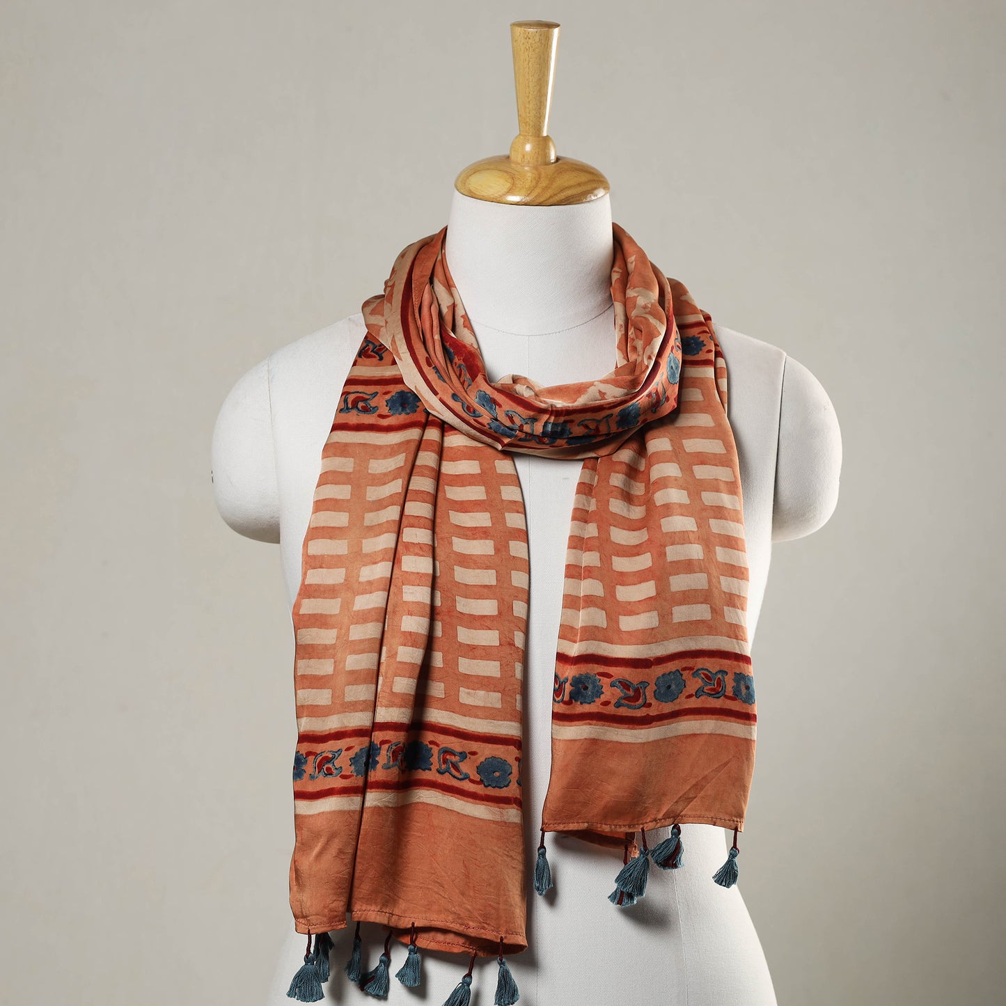 Peach - Ajrakh Block Printed Modal Silk Stole with Tassels 12