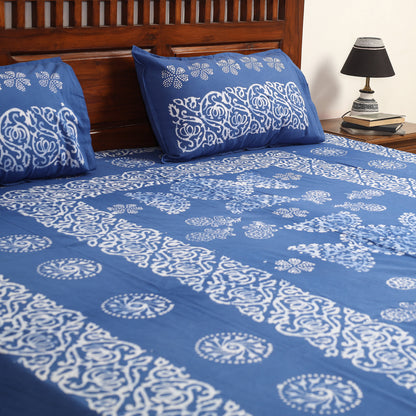 Blue - Hand Batik Printed Cotton Double Bed Cover with Pillow Covers (108 x 90 in) 04