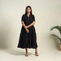  Black Handloom Cotton Tiered Plain Dress