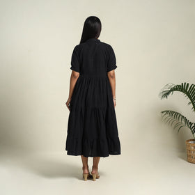  Black Handloom Cotton Tiered Plain Dress