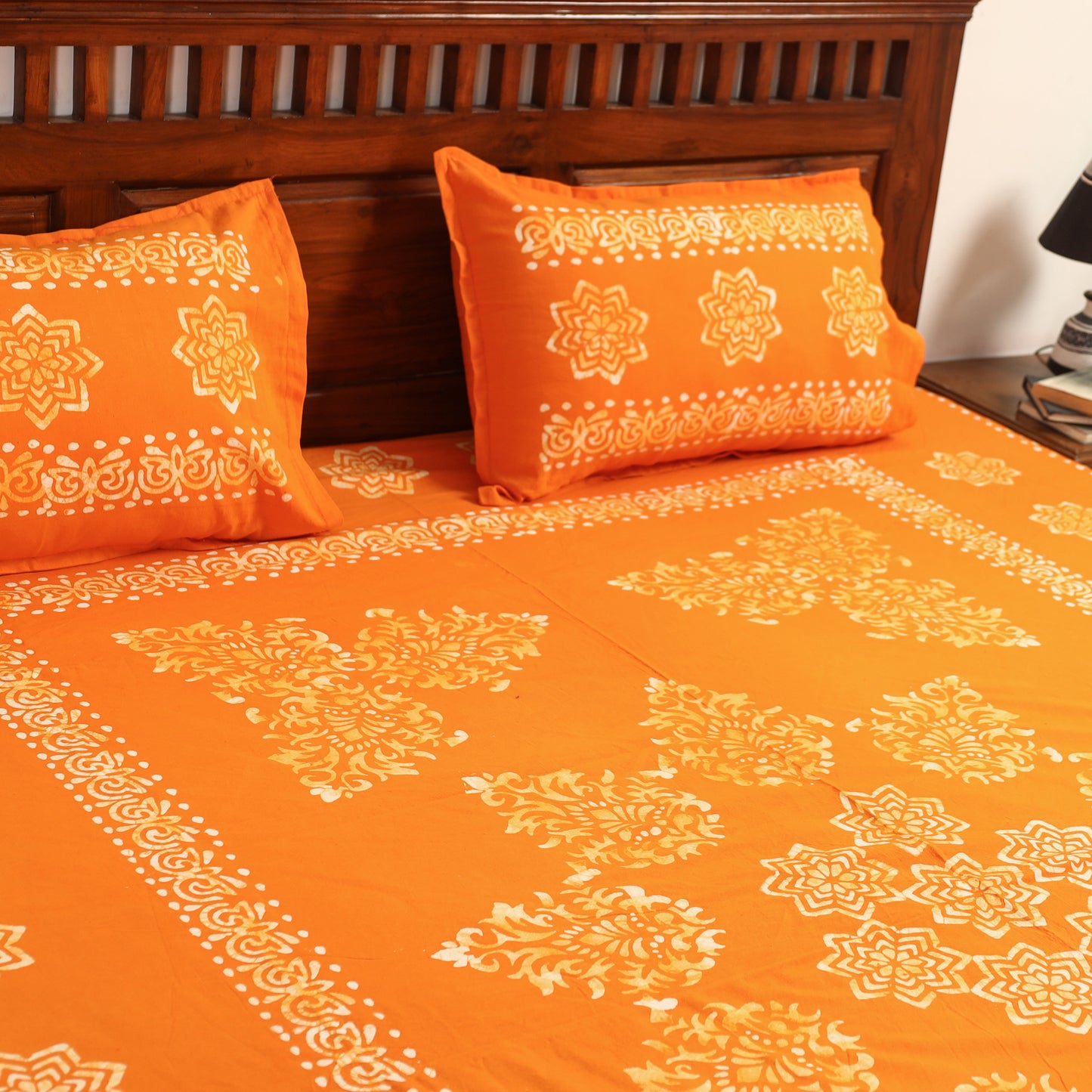Orange - Hand Batik Printed Cotton Double Bed Cover with Pillow Covers (108 x 90 in) 05