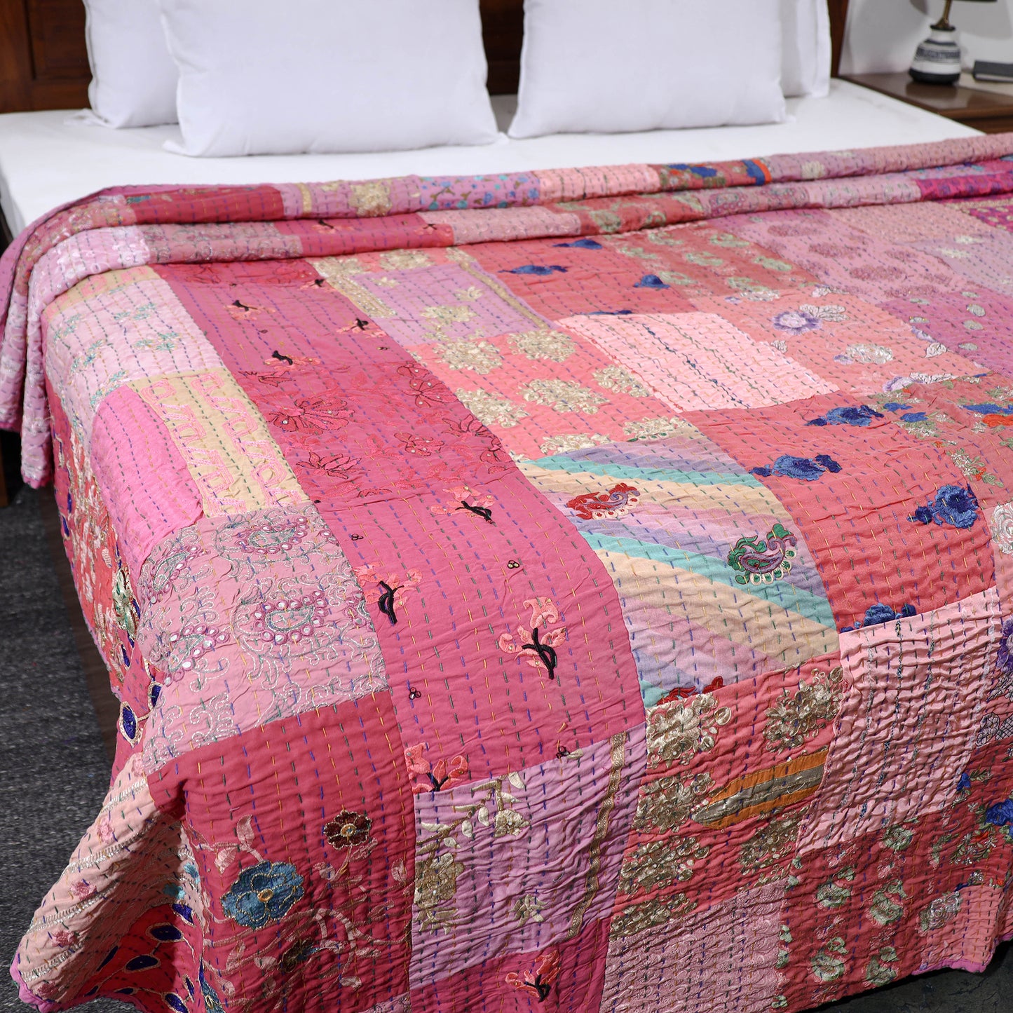 Khambadiya Patchwork Patola Silk Cotton Quilt / Gudri / Blanket (108 x 90 in)