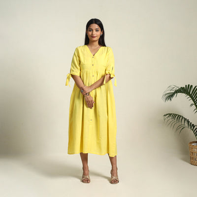 Buy Yellow Handloom Cotton Button Down Plain Dress