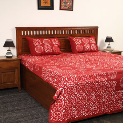 Red - Hand Batik Printed Cotton Double Bed Cover with Pillow Covers (108 x 90 in) 06