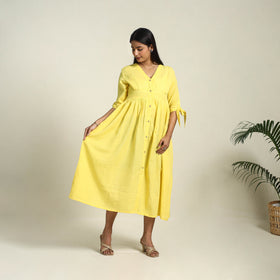 Buy Yellow Handloom Cotton Button Down Plain Dress