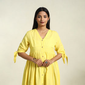 Buy Yellow Handloom Cotton Button Down Plain Dress