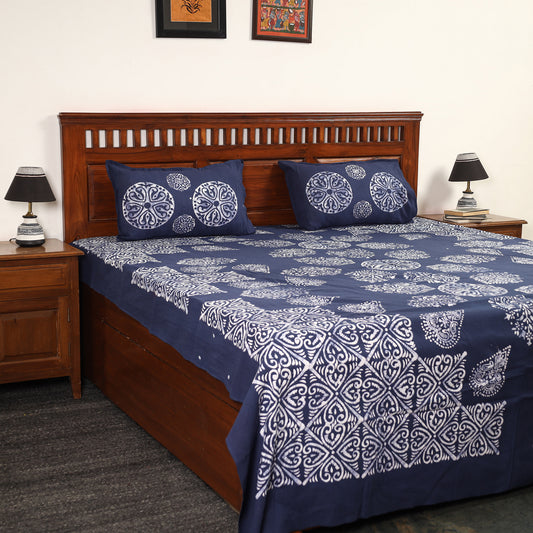 Blue - Hand Batik Printed Cotton Double Bed Cover with Pillow Covers (108 x 90 in) 07