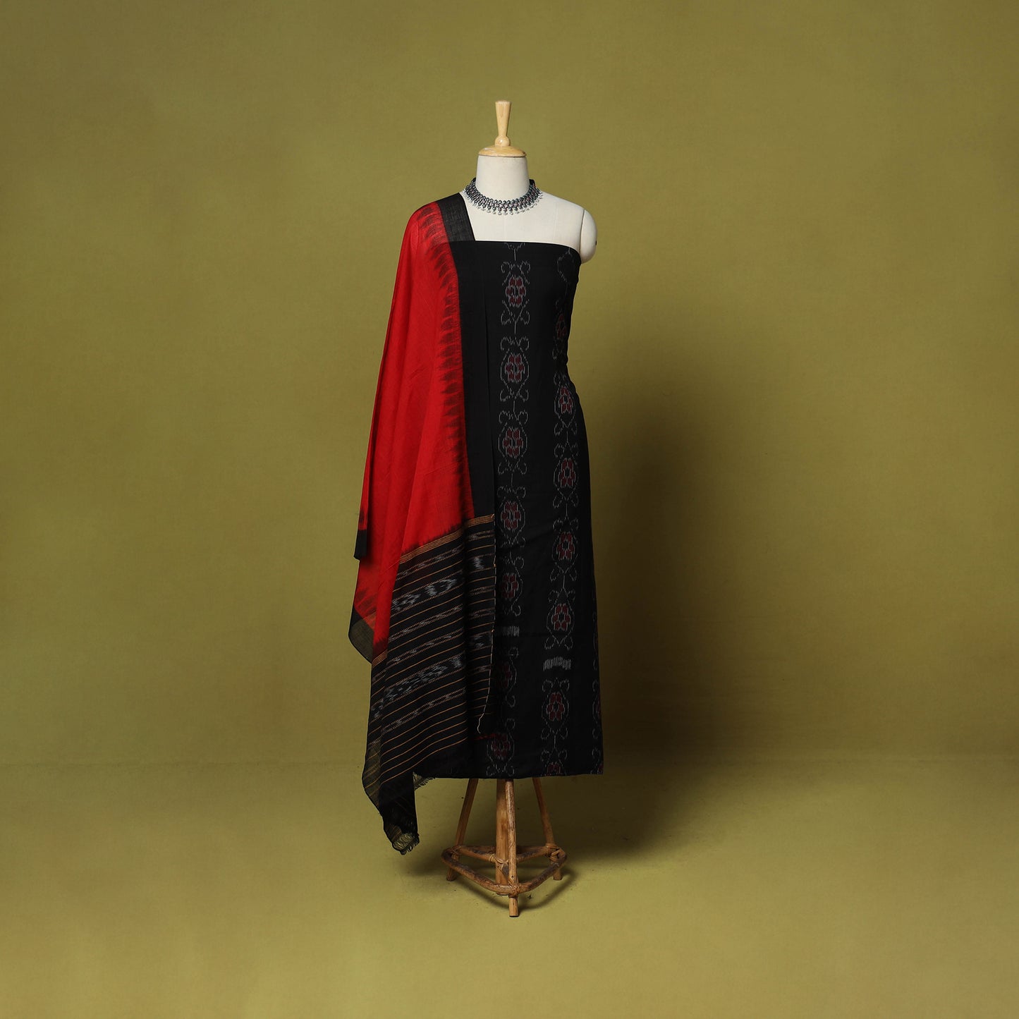 Black - 3pc Ikat Handloom Cotton Unstitched Sambalpuri Dress Material 10