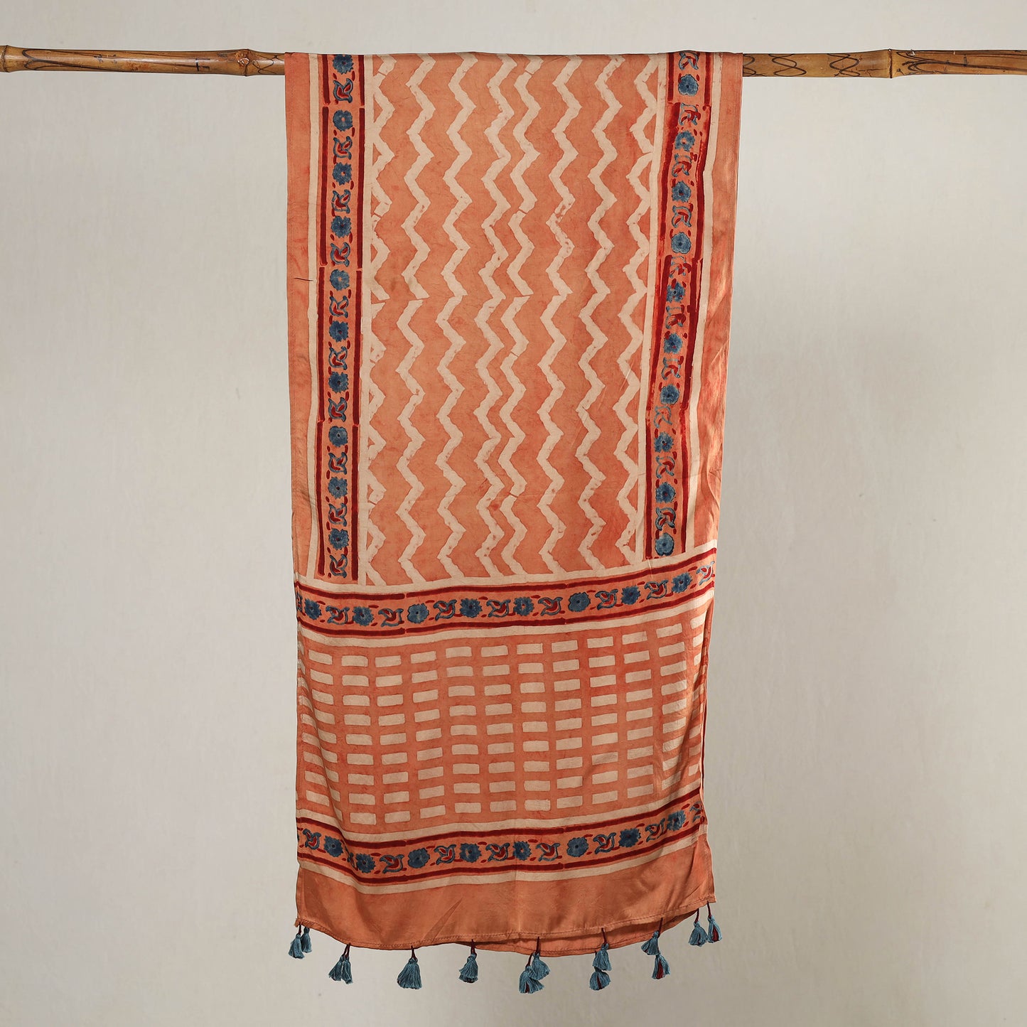 Peach - Ajrakh Block Printed Modal Silk Stole with Tassels 12