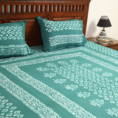 Green - Hand Batik Printed Cotton Double Bed Cover with Pillow Covers (108 x 90 in) 08