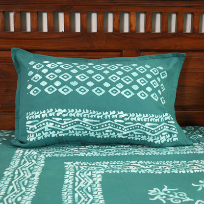 Green - Hand Batik Printed Cotton Double Bed Cover with Pillow Covers (108 x 90 in) 08