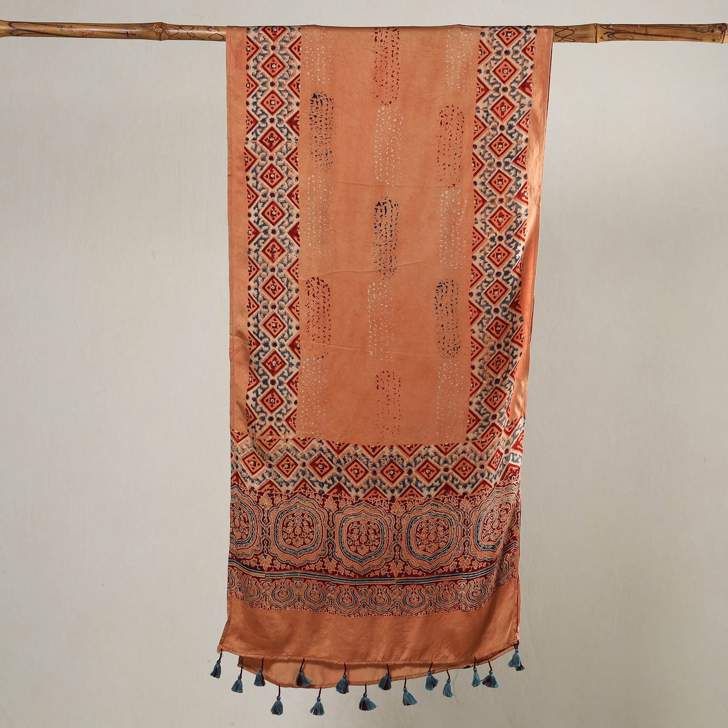 Peach - Ajrakh Block Printed Modal Silk Stole with Tassels 06