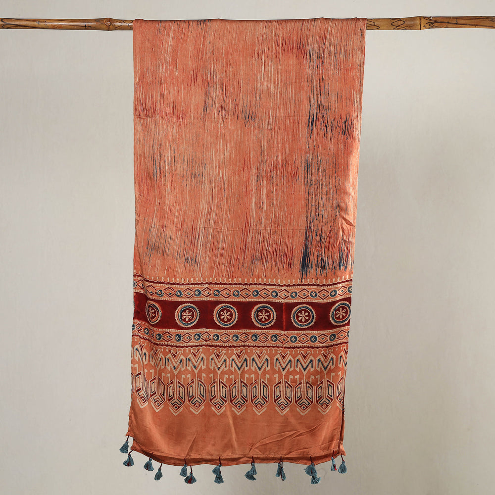 Peach - Ajrakh Block Printed Modal Silk Stole with Tassels 05