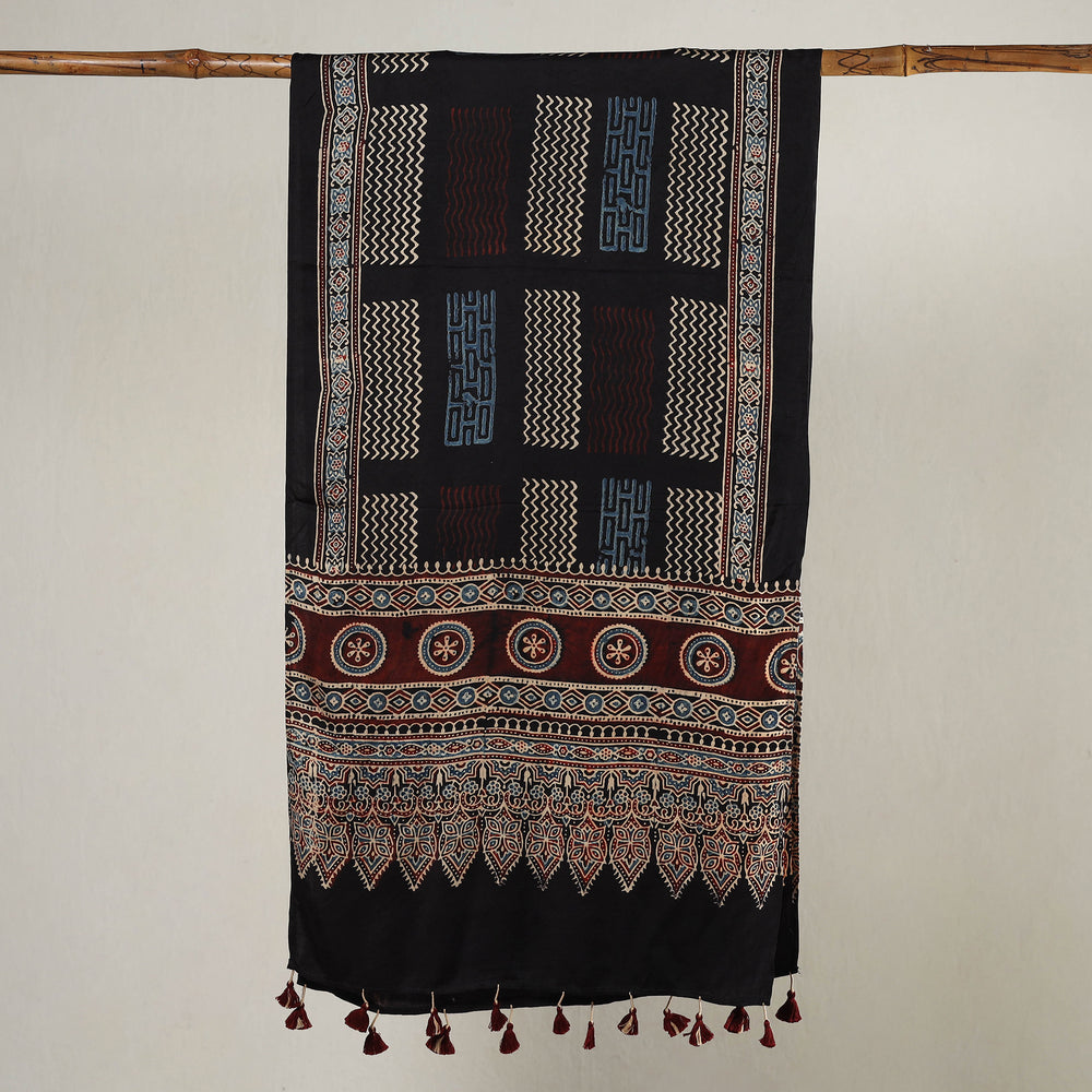 Black - Ajrakh Block Printed Modal Silk Stole with Tassels 04