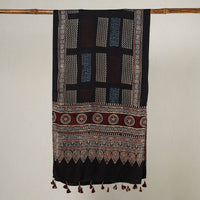 Black - Ajrakh Block Printed Modal Silk Stole with Tassels 04