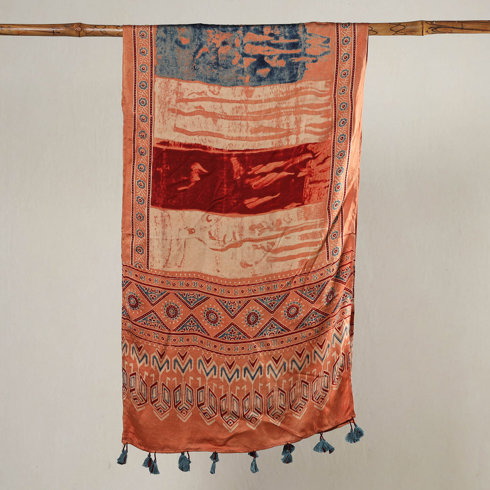 Peach - Ajrakh Block Printed Modal Silk Stole with Tassels 02