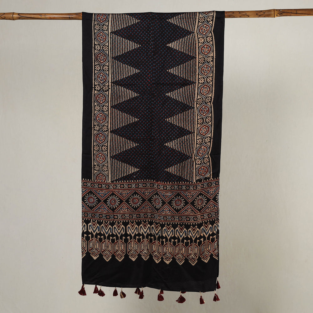 Black - Ajrakh Block Printed Modal Silk Stole with Tassels 01