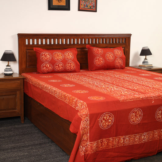Orange - Hand Batik Printed Cotton Double Bed Cover with Pillow Covers (108 x 90 in) 10