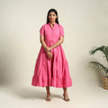 Buy Pink Jhiri Handloom Cotton Tiered Plain Dress