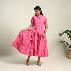 Buy Pink Jhiri Handloom Cotton Tiered Plain Dress