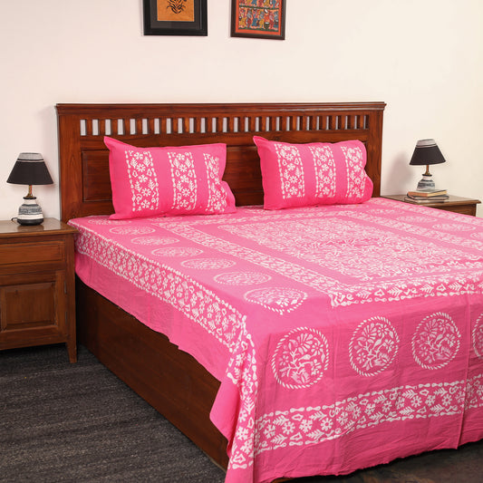 Pink - Hand Batik Printed Cotton Double Bed Cover with Pillow Covers (108 x 90 in) 12
