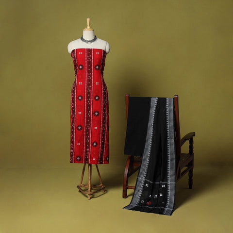 Red - 3pc ikat handloom cotton unstitched sambalpuri dress