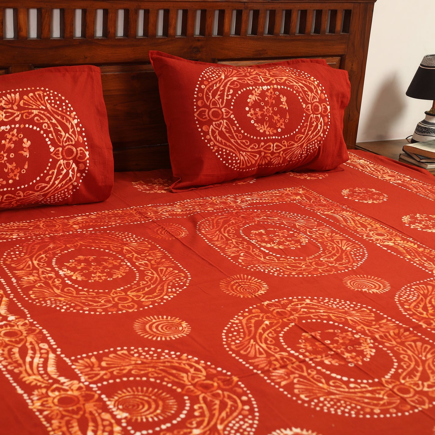Red - Hand Batik Printed Cotton Double Bed Cover with Pillow Covers (108 x 90 in) 13