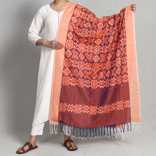 Brown - Pochampally Ikat Handloom Cotton Dupatta with Tassels