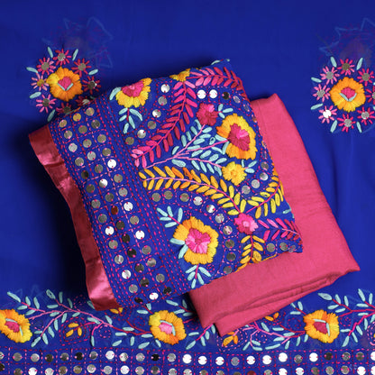Blue - 3pc Phulkari Embroidery Georgette Suit Material Set