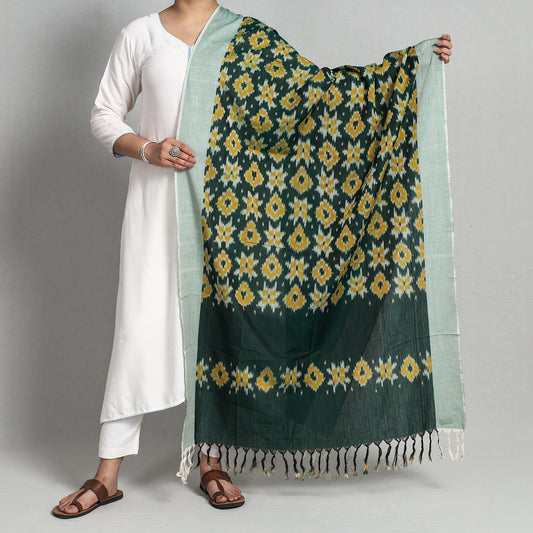 Green - Pochampally Ikat Handloom Cotton Dupatta with Tassels