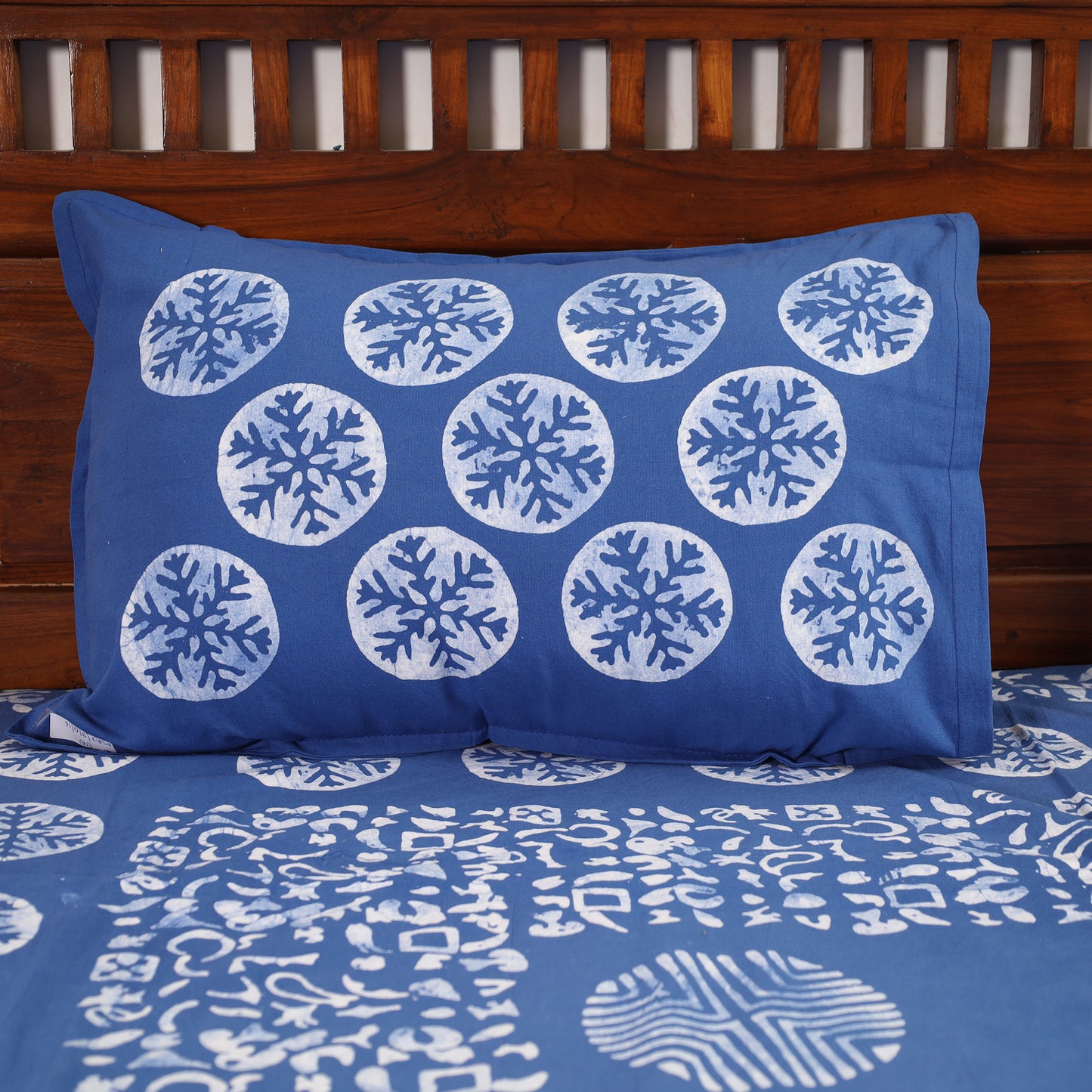 Blue - Hand Batik Printed Cotton Double Bed Cover with Pillow Covers (108 x 90 in) 16