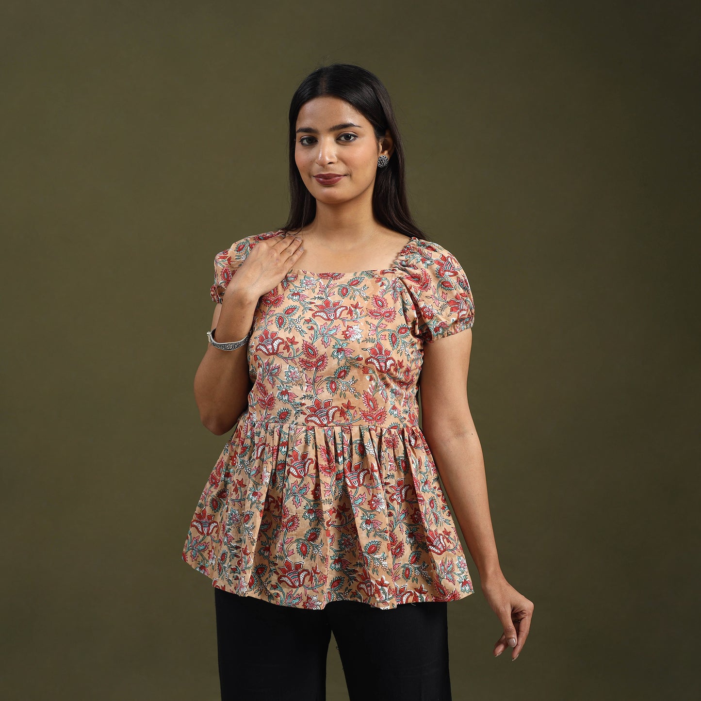 Buy Beige Sanganeri Block Print Cotton Top
