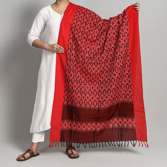 Red - Pochampally Ikat Handloom Cotton Dupatta with Tassels