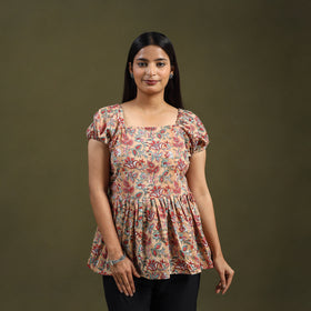 Buy Beige Sanganeri Block Print Cotton Top