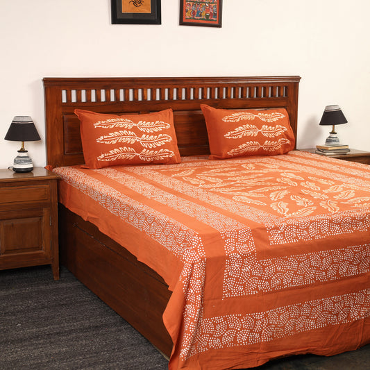 Orange - Hand Batik Printed Cotton Double Bed Cover with Pillow Covers (108 x 90 in) 20