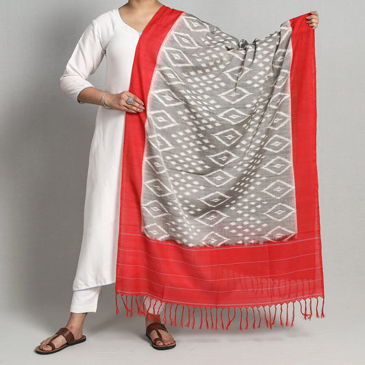Grey - Pochampally Ikat Handloom Cotton Dupatta with Tassels