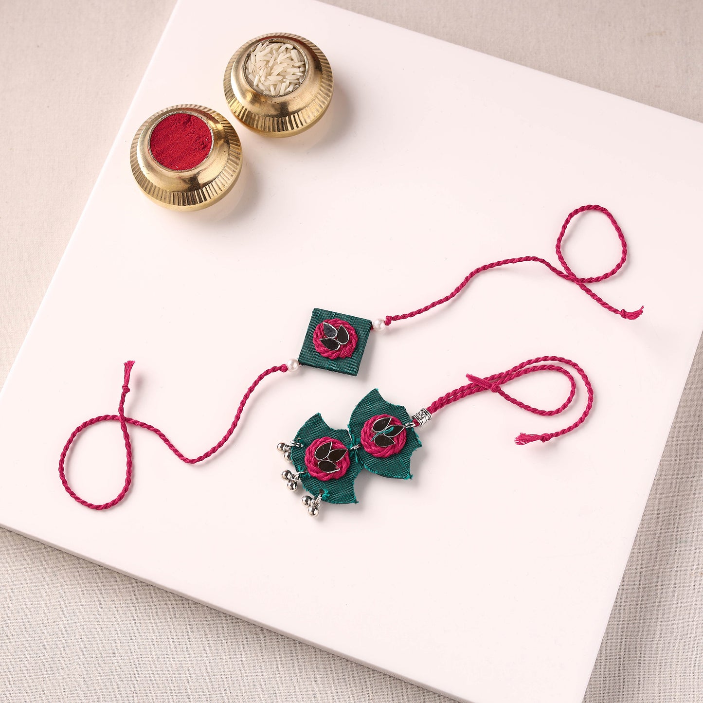 Handmade Thread & Mirror Work Fabart Rakhi with Lumba Set 18