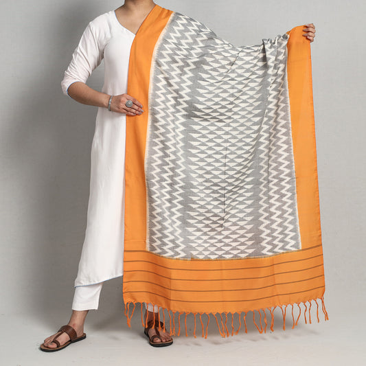 Grey - Pochampally Ikat Handloom Cotton Dupatta with Tassels