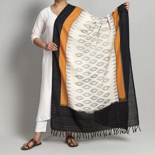 White - Pochampally Ikat Handloom Cotton Dupatta with Tassels