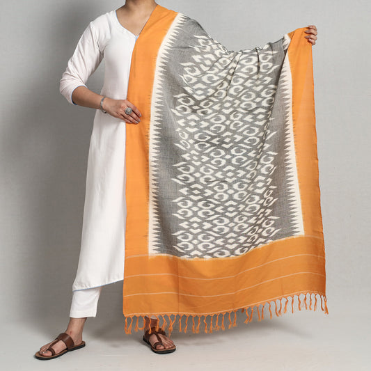 Yellow - Pochampally Ikat Handloom Cotton Dupatta with Tassels