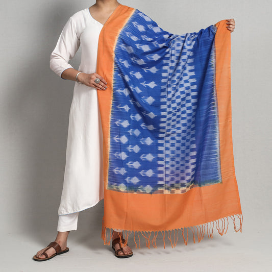 Blue - Pochampally Ikat Handloom Cotton Dupatta with Tassels