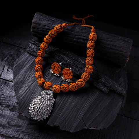 Orange - Handmade Fabart Beads Gs Pendant Necklace with Earrings Set 02