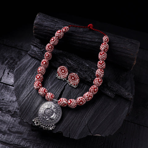 Red - Handmade Fabart Beads Gs Pendant Necklace with Earrings Set 03