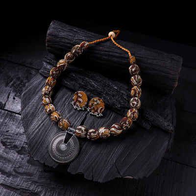 Handmade Fabart Beads Gs Pendant Necklace with Earrings Set 04