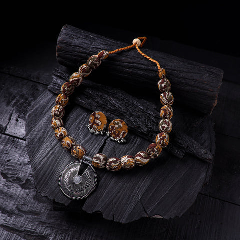 Multicolor - Handmade Fabart Beads Gs Pendant Necklace with Earrings Set 04